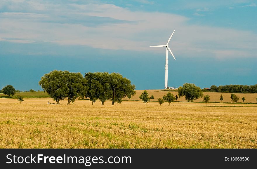 Wheaten field with a mill in a clear flying weather. Wheaten field with a mill in a clear flying weather.