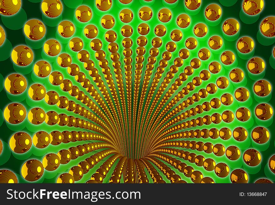 Abstract background with golden beads on the yellow-green background