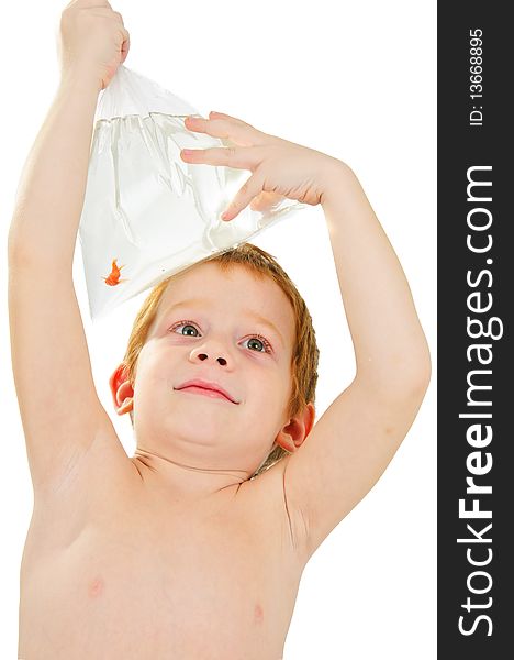 Redhead wonderful smiling boy holding fish in bags. Redhead wonderful smiling boy holding fish in bags