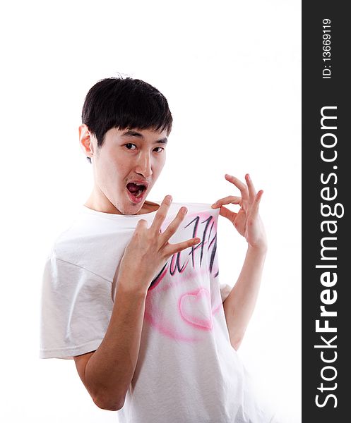 The Asian guy the dancer poses in a white vest on a white background