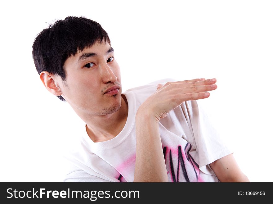 The Asian guy the dancer poses in a white vest on a white background