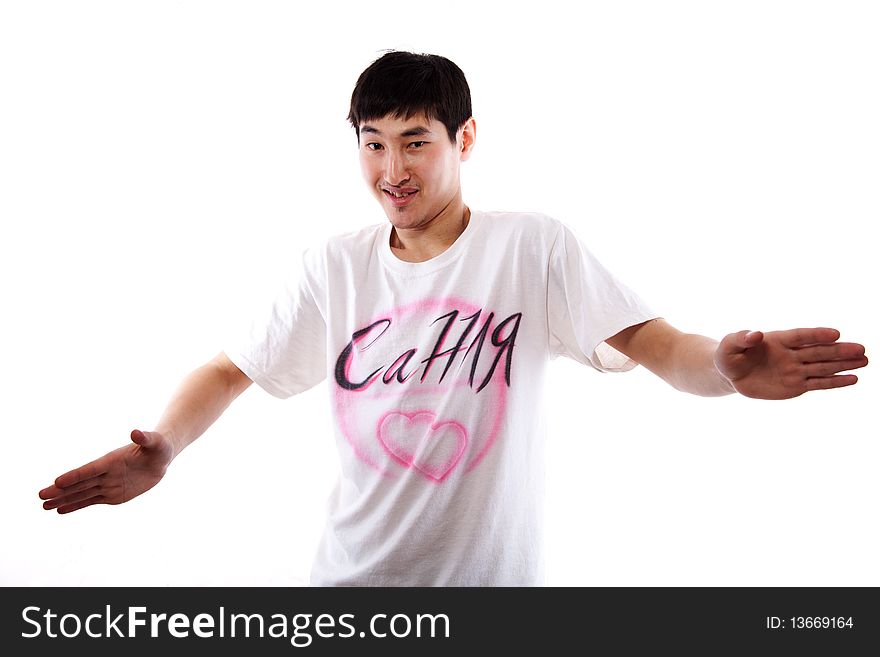 The Asian guy the dancer poses in a white vest on a white background