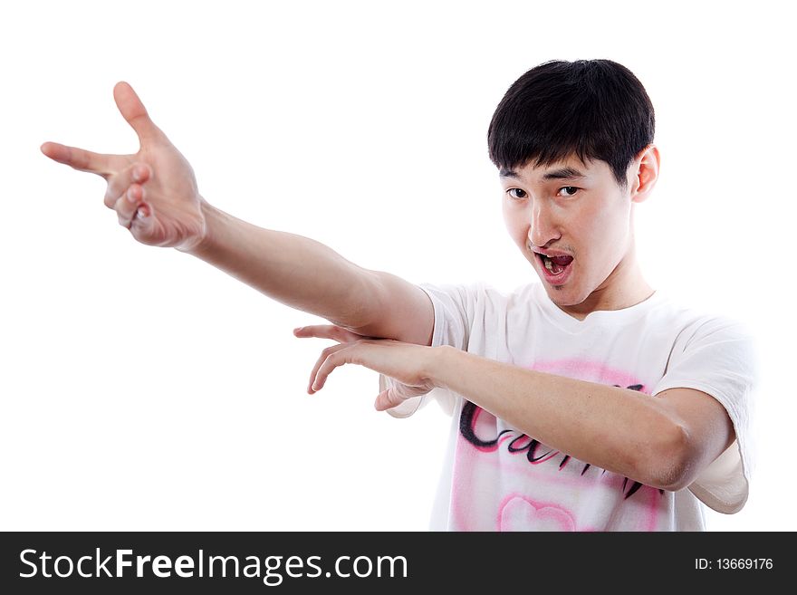 The Asian guy the dancer poses in a white vest on a white background