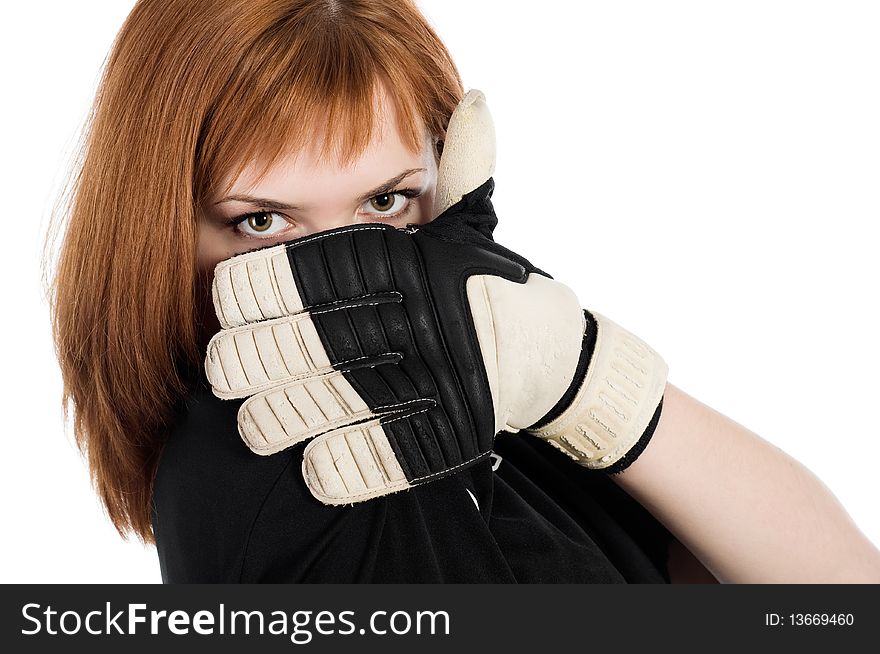 Close-up portrait of the gloved redhaired fan girl isolated on white background. Close-up portrait of the gloved redhaired fan girl isolated on white background