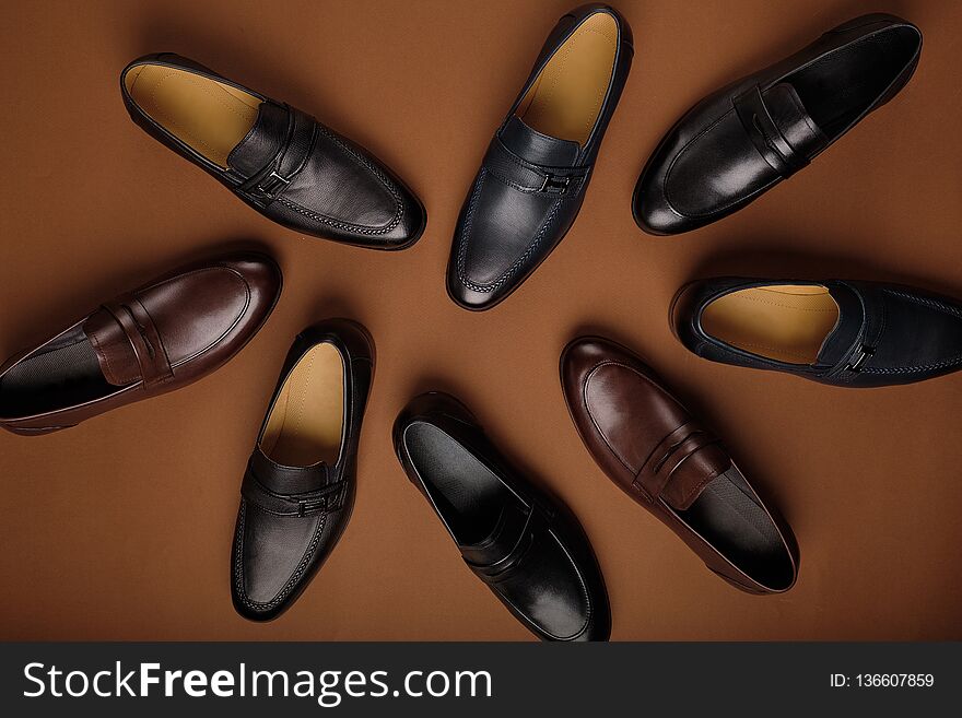 Male shoes collection. Men`s fashion leather shoes flat lay