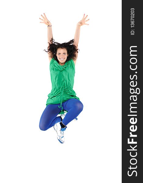 Jumping female dancer, isolated on a white background. Jumping female dancer, isolated on a white background