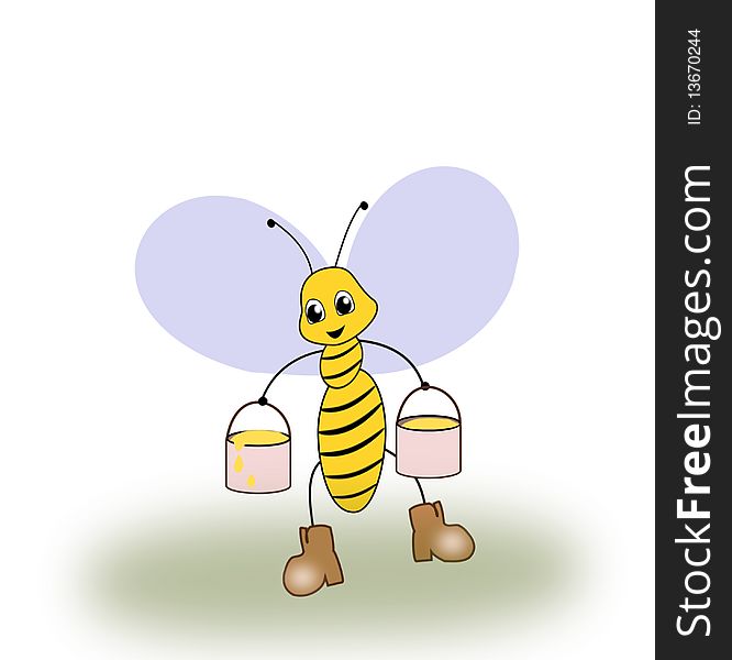 A bee with two buckets of honey. A bee with two buckets of honey.