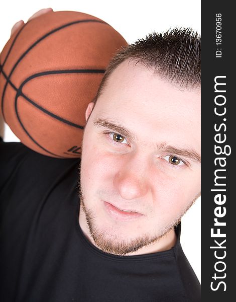 Man holding basketball over white background