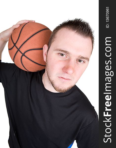 Man holding basketball over white background