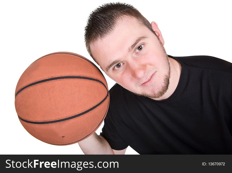 Man holding basketball over white background