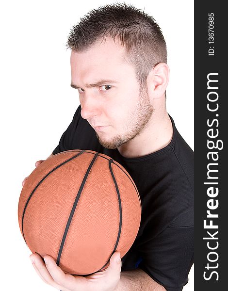 Man holding basketball over white background