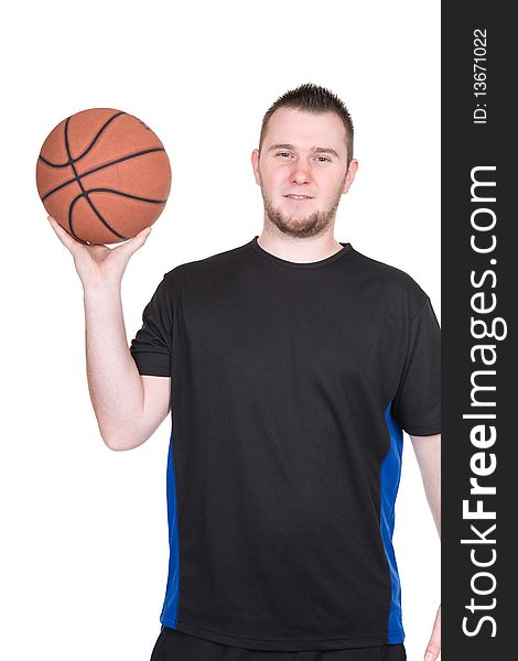 Man holding basketball over white background