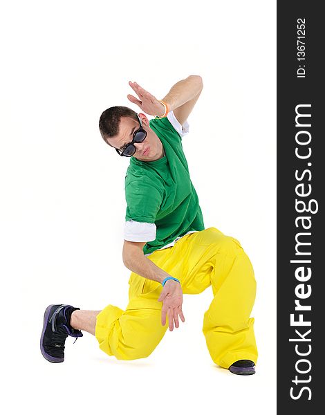 Male breakdancer posing, isolated on a white background