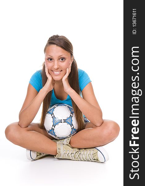 Pretty teenager with ball over white background. Pretty teenager with ball over white background