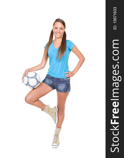 Pretty teenager with ball over white background. Pretty teenager with ball over white background