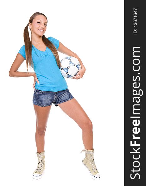 Pretty teenager with ball over white background. Pretty teenager with ball over white background