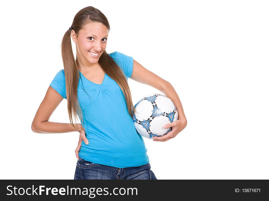 Pretty teenager with ball over white background. Pretty teenager with ball over white background