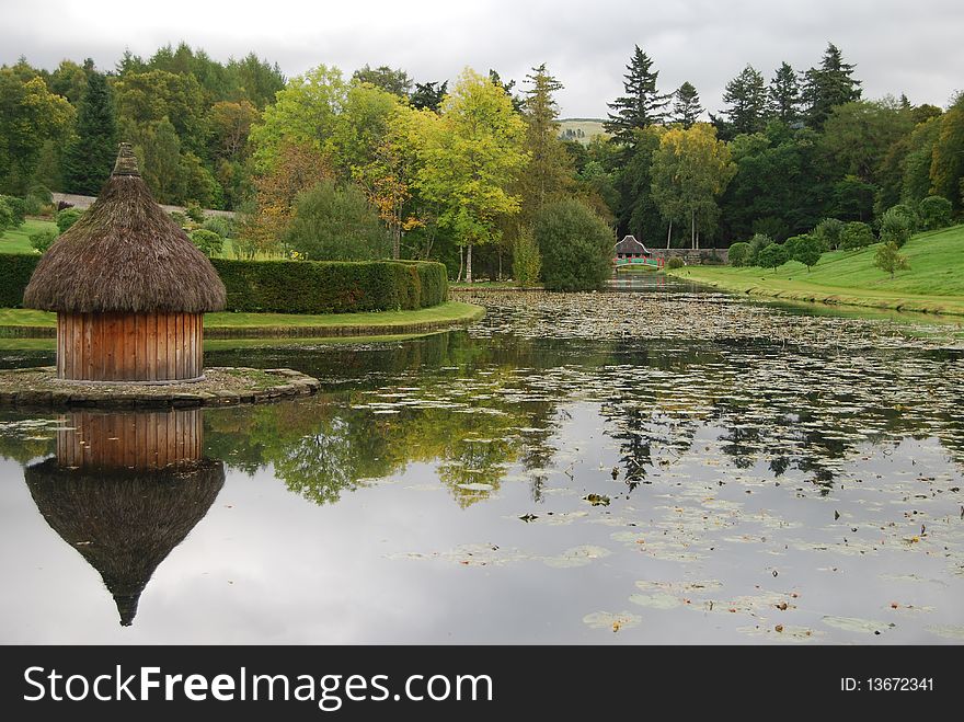 An ornamental pond in the grounds of a Scottish castle