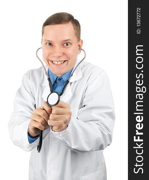 Crazy and funny young doctor isolated over white