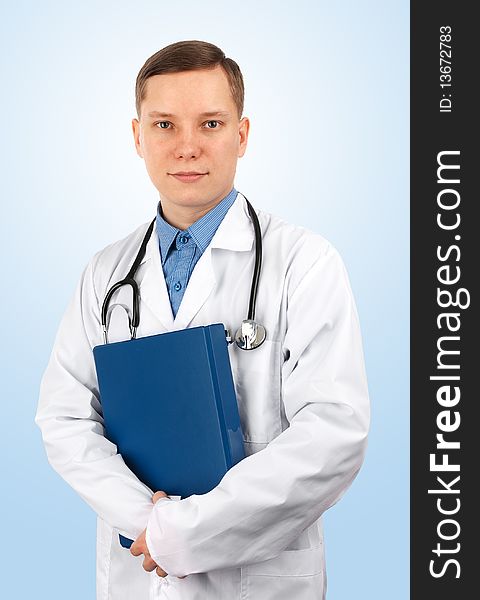 Young doctor with stethoscope and folder