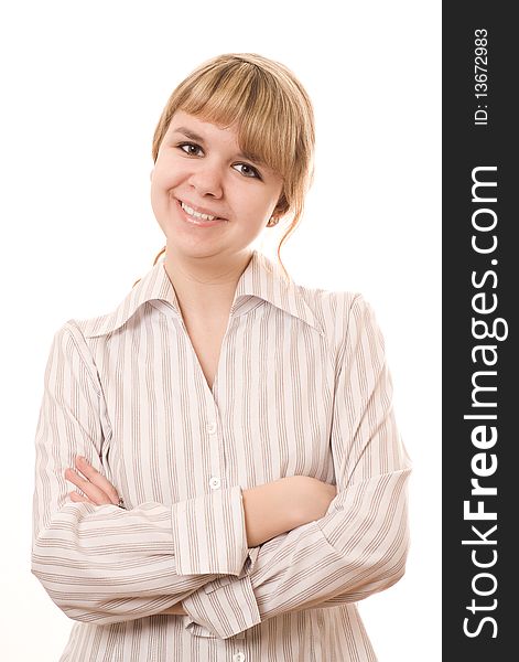 Beautiful young girl on a white background