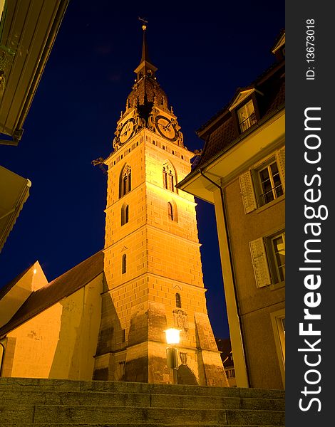 Zofingen church tower in the twilight.