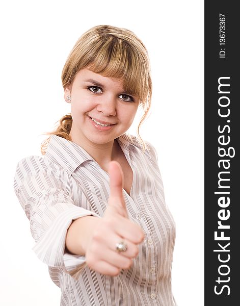 Beautiful young girl smiling on a white background