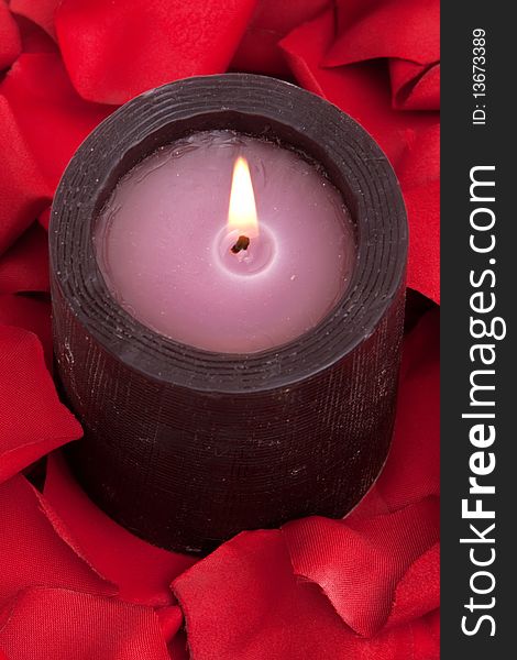 Candle surrounded with red rose petals. Candle surrounded with red rose petals