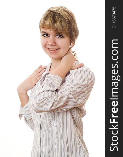 Beautiful girl smiling on a white background