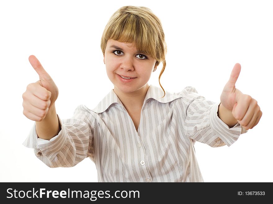 Beautiful young girl smiling on a white