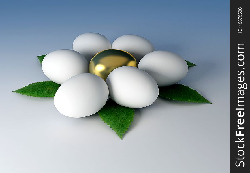 Several eggs with golden egg in the middle. Eggs are located in shape of the flower. 3D illustration