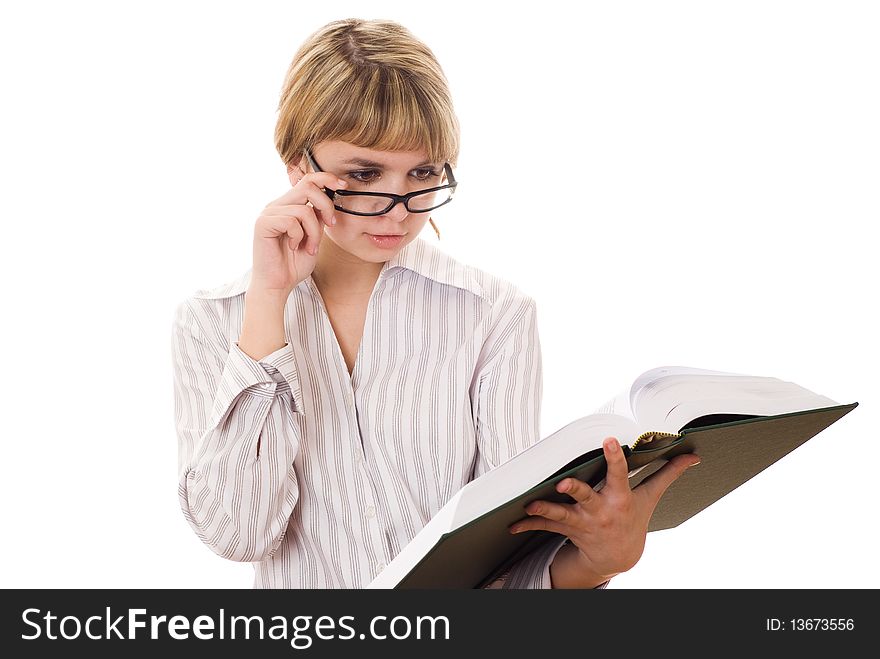 Beautiful student with a book on white background. Beautiful student with a book on white background