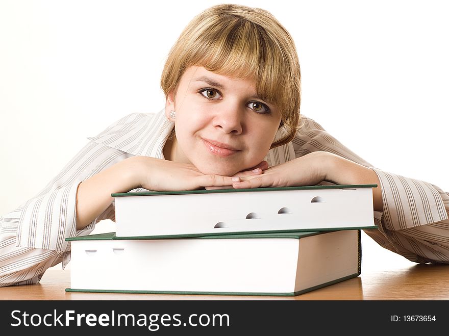 Student with a book on white background. Student with a book on white background