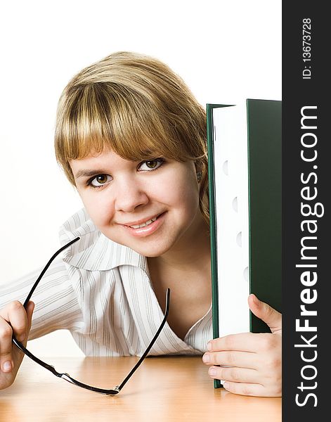 Student with a book on white background. Student with a book on white background