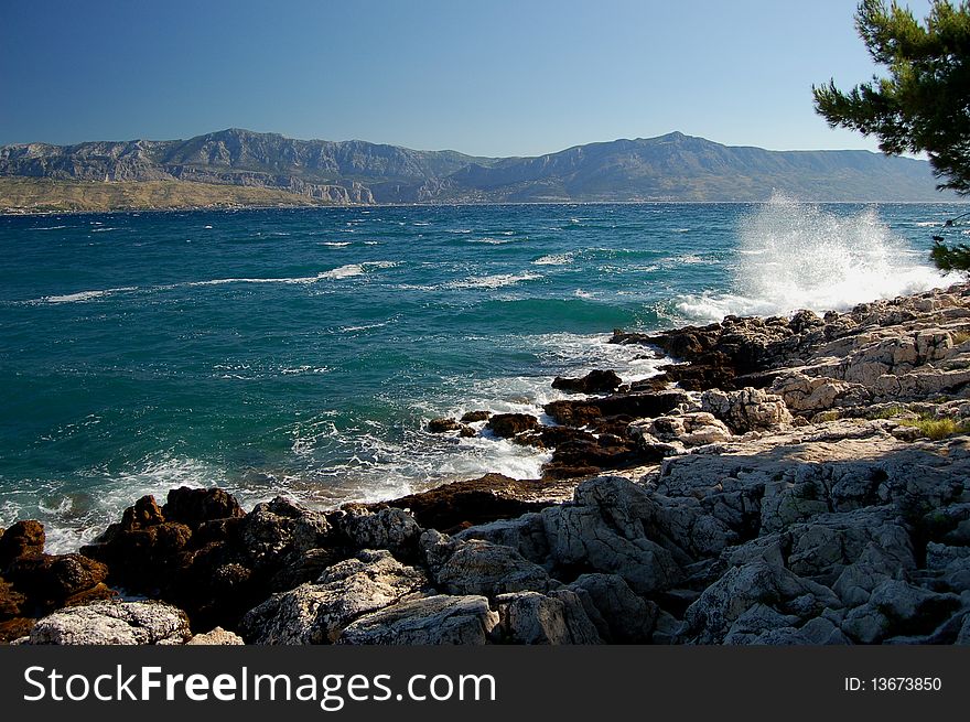 Bora wind in village of Postira on Brac island in Croatia. Bora wind in village of Postira on Brac island in Croatia