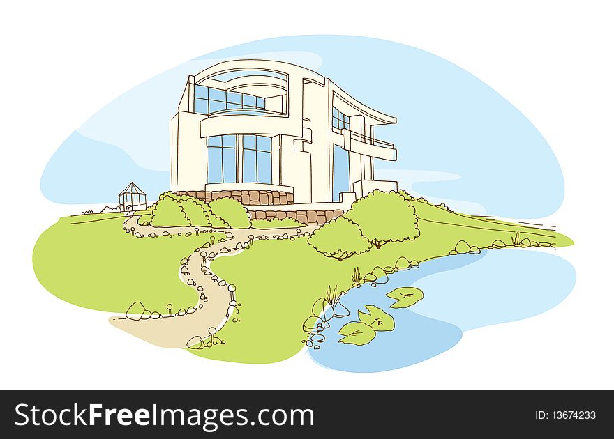 Modern house on the grass. Vector illustration