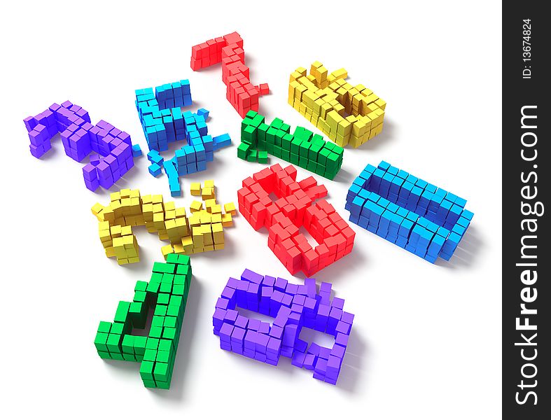 Bright cubes in the form of numbers scattered. Bright cubes in the form of numbers scattered