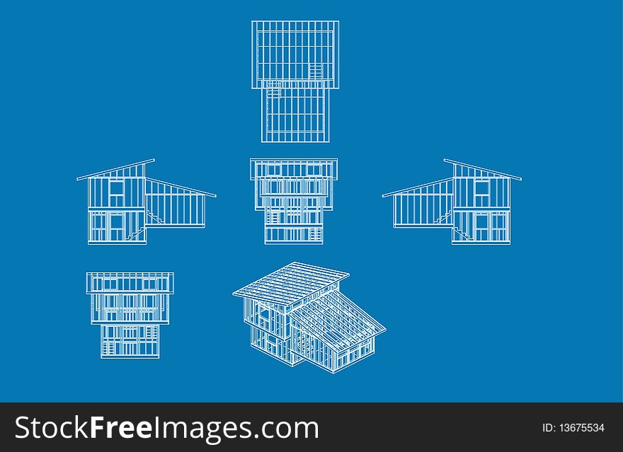 Blue print style illustration of the frame of a camp style house. Blue print style illustration of the frame of a camp style house