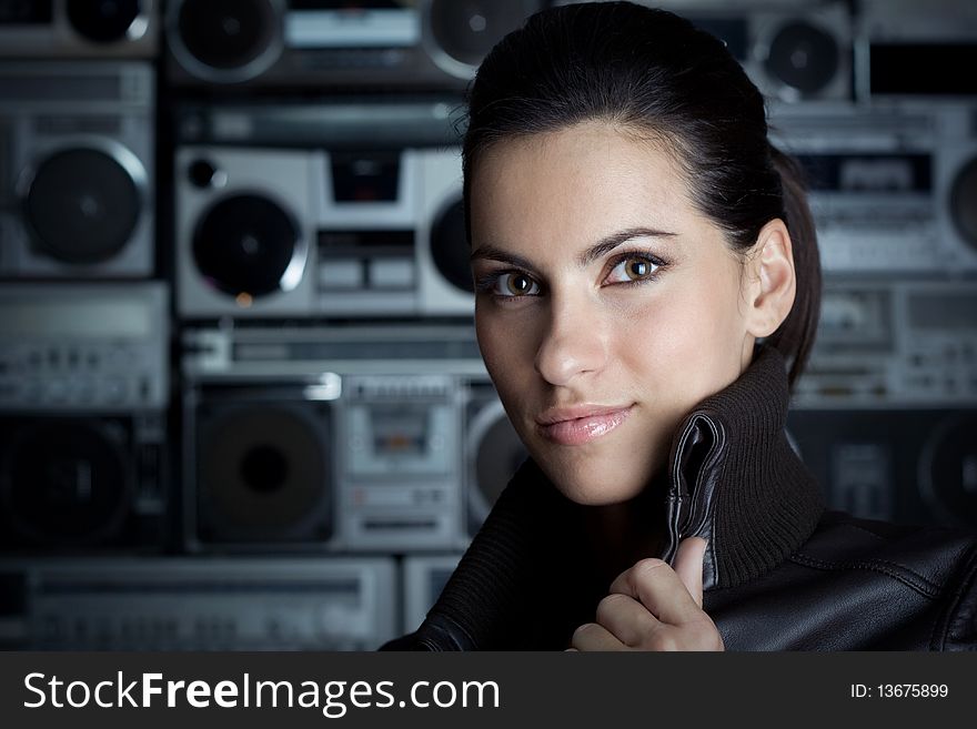 Portrait Of Woman With Boom Box Background