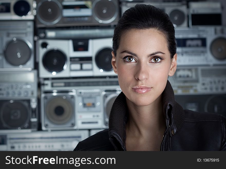 Beautiful woman with Boom Box background