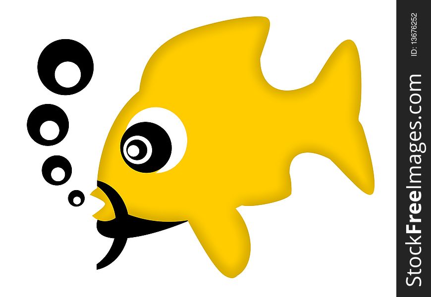 Funny yellow fish with black mustache, beard and bubbles isolated over white background