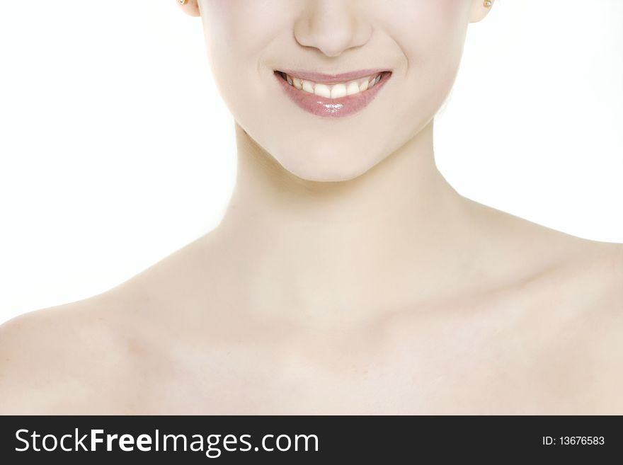 Close up portrait of young beautiful woman over white