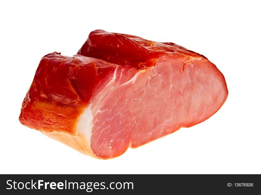 Smoked bacon closeup isolated over white background. Smoked bacon closeup isolated over white background.