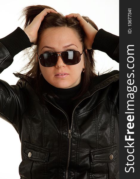 Photo of woman with leatherjacket and sunglasses. Photo of woman with leatherjacket and sunglasses