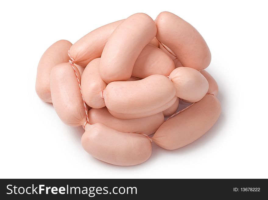 Link of beef sausages on white background.