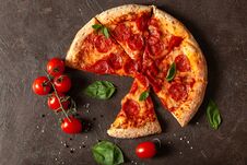 Pizza Pepperoni, Pizza Ingredients, Tomatoes, Basil, Spices Royalty Free Stock Photo Pizza Pepperoni, Pizza Ingredients, Tomatoes, Basil, Spices Royalty Free Stock Photo