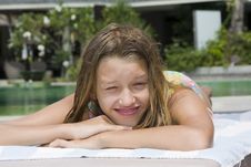Girl Portrait Relaxing Close To Swimming Pool Stock Photos