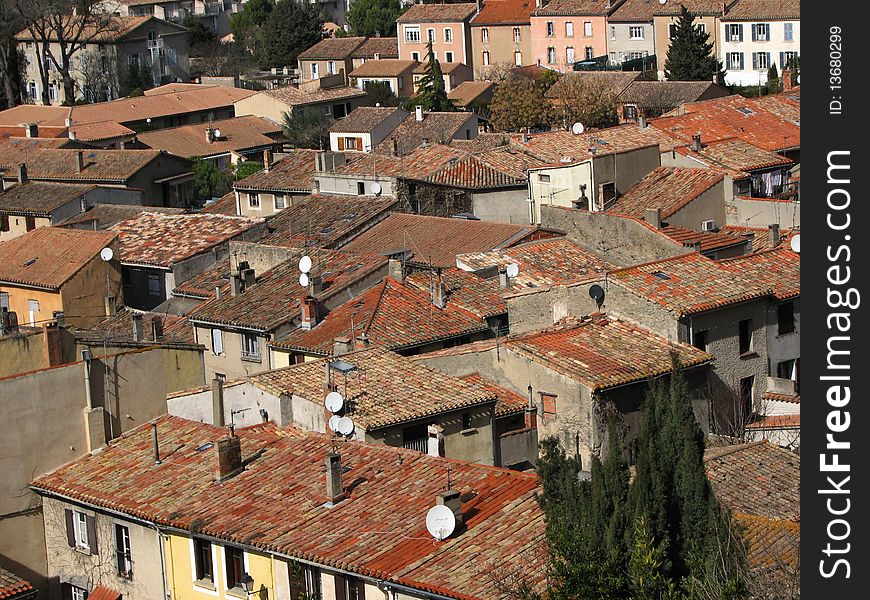 Tile roofs of the ancient town of Carcassonne. Southern France.