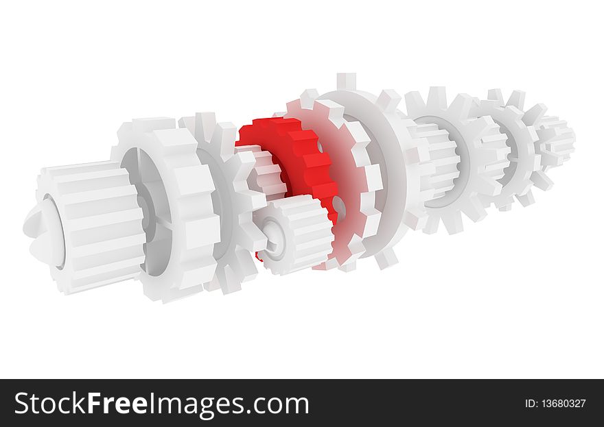 Many white and one red gears on white background with clipping path. Many white and one red gears on white background with clipping path