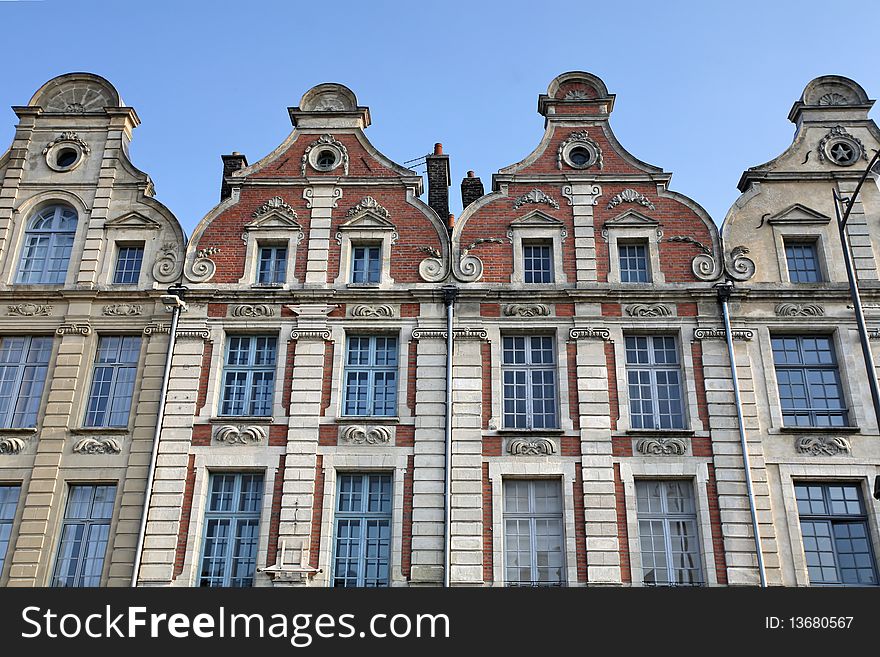 The Renaissance architecture of the main square in Arras.  Carefully reconstructed and restored after being destroyed in the first world war, being on the western front. The Renaissance architecture of the main square in Arras.  Carefully reconstructed and restored after being destroyed in the first world war, being on the western front.